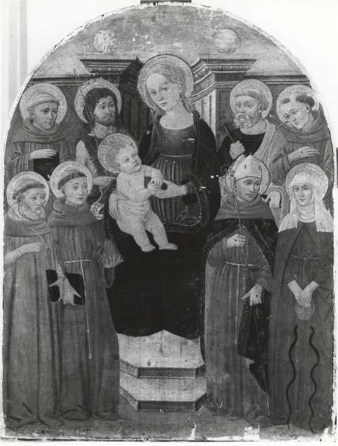 Agence photographique de la Réunion des Musées Nationaux — Maitre de l'Epiphanie de Fiesole (atelier du). La Vierge et l'enfant avec huit saints. Deposé au Petit Palais d'Avignon — insieme